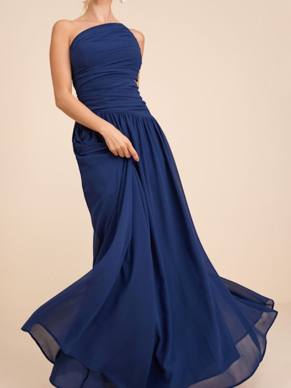 Lulus Marcela Navy Blue Ruched One-shoulder Maxi Dress - Size S